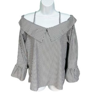 1775 Black & White Striped Collar Cold Shoulder Top Womens Size S